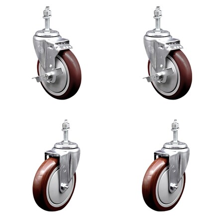 Service Caster 5 Inch SS Maroon Polyurethane Swivel 3/8 Inch Threaded Stem Caster Brake, 2PK SSTS20S514-PPUB-MRN-TLB-381615-2-S-2